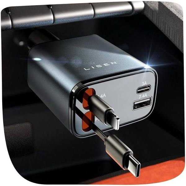 LISEN B104 Car Charger with Retractable Cable - Black and Gray