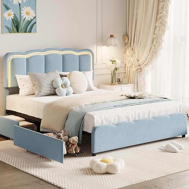 Incomplete box 1 of 3 Bed Frame with 2 Drawers - Blue