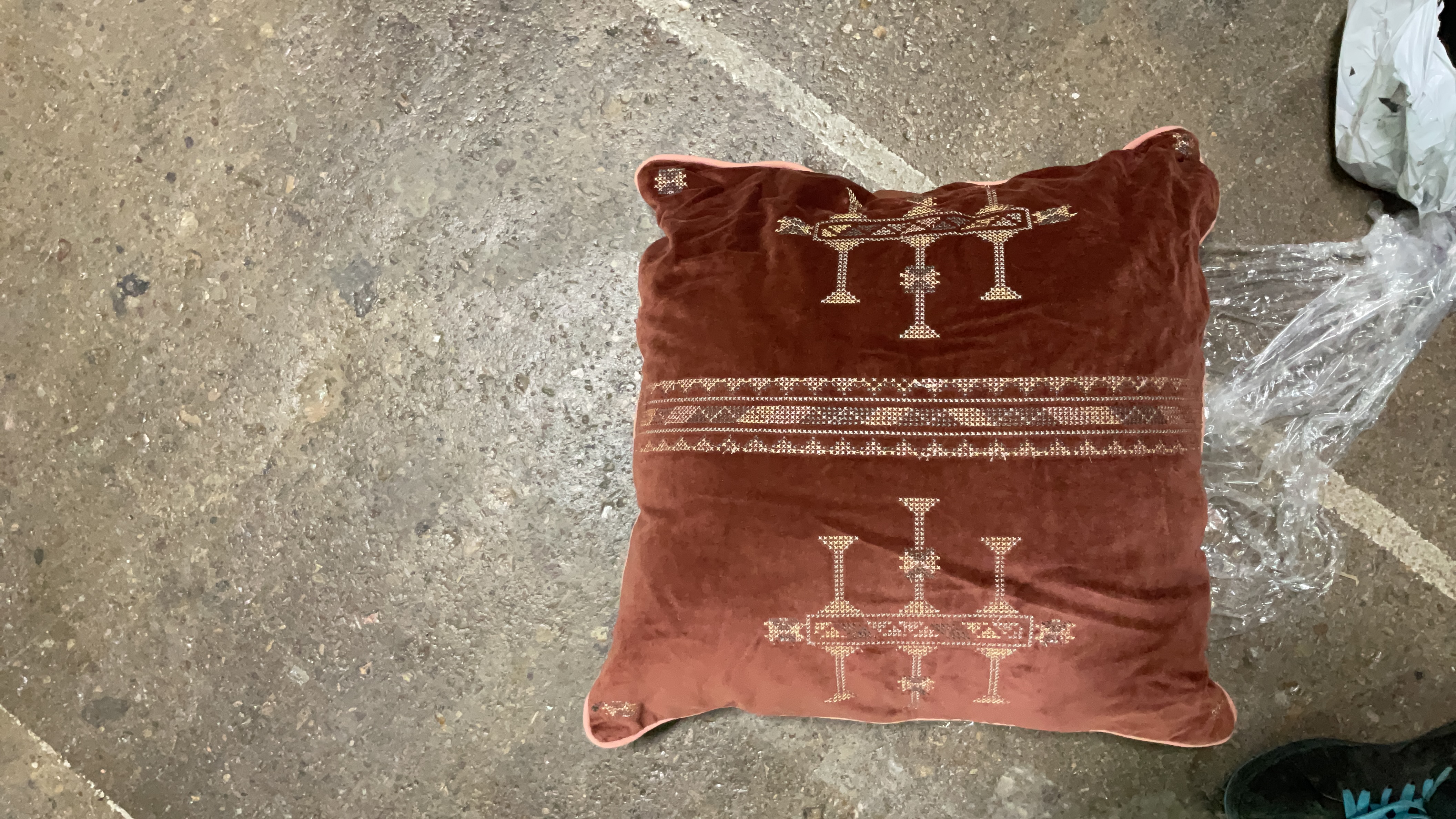 Velvet Decorative Throw Pillow with Geometric Embroidery