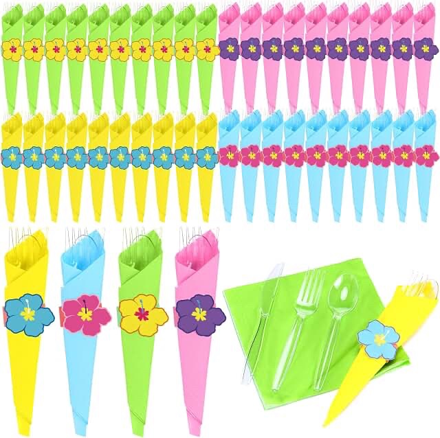 Disposable Plastic Cutlery and Napkin Sets with Floral Accents