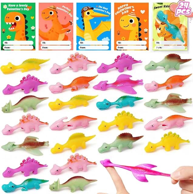 Skemira Happy Valentine's Day 32 Pack Slingshot Dinosaur Finger Toys with Gift Cards