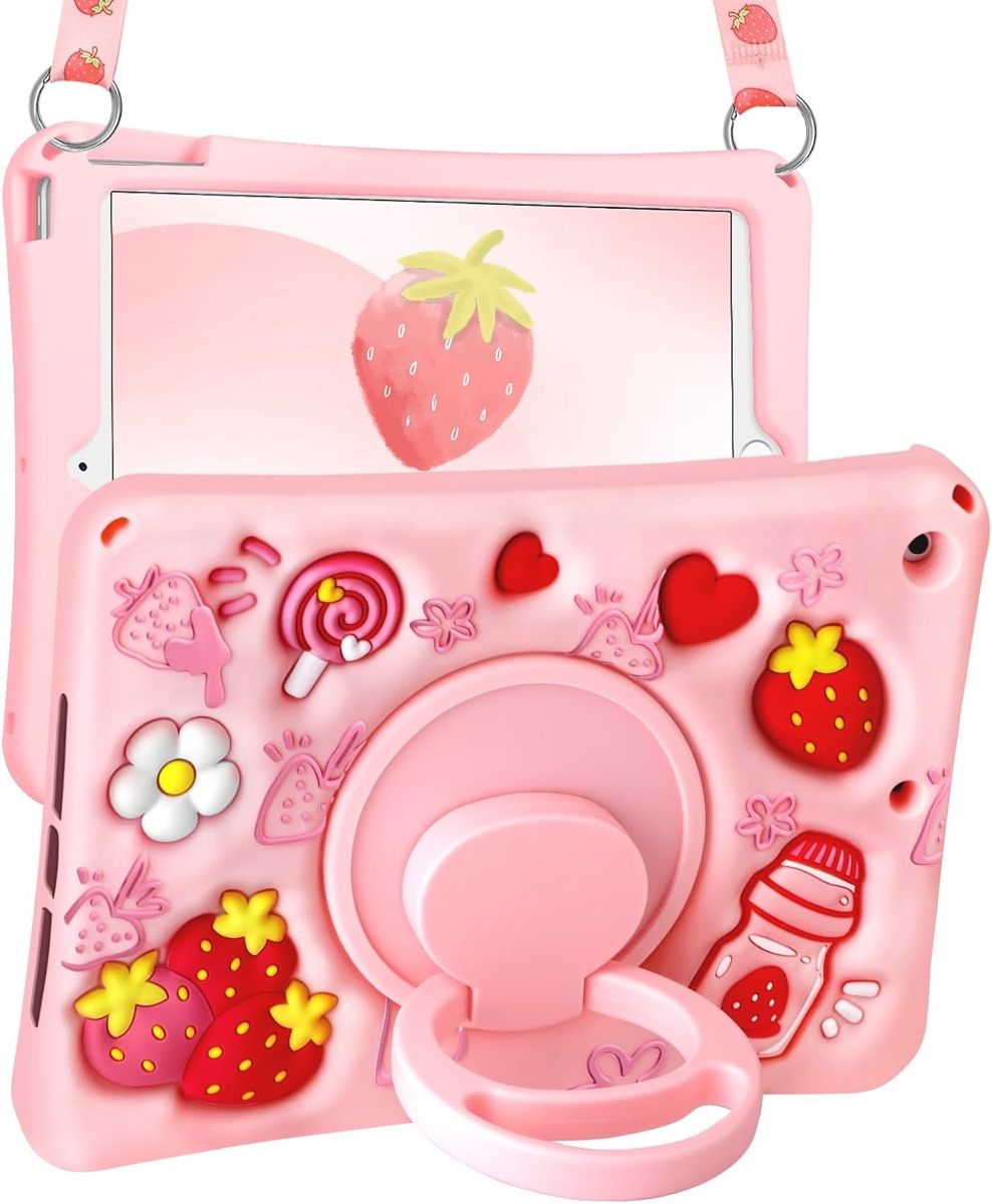 Boaretiu for iPad 9th/8th/7th Generation 10.2 Inch Case (2021/2020/2019) - Soft Silicone Cute Cartoon with Shoulder Strap & Rotating Stand Kawaii for Women Girls Girly Teens Cover, Strawberry Tablet Case with Lanyard