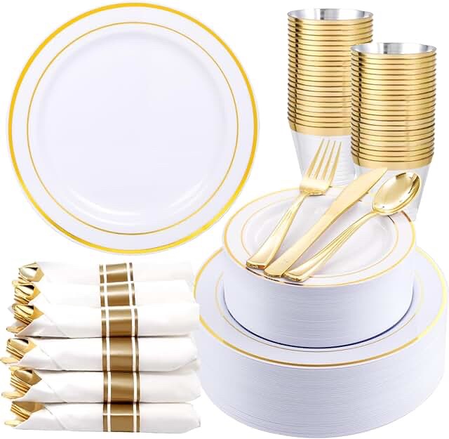 WDF 200 Pack White and Gold Plastic Plate Set