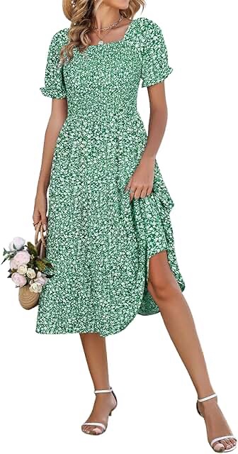 Size small Women's Smocked Bodice Green Leopard Print Casual Midi Dress