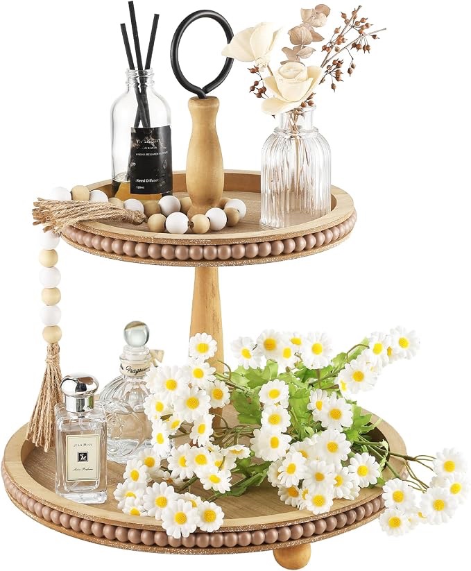 Decorative Wooden Tiered Tray with Wood Bead Garland Tassel