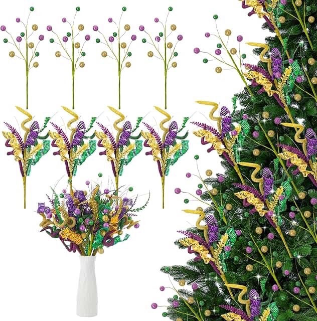 Mardi Gras Glittered Decorative Sprays/Stems Set - Purple, Green, and Gold