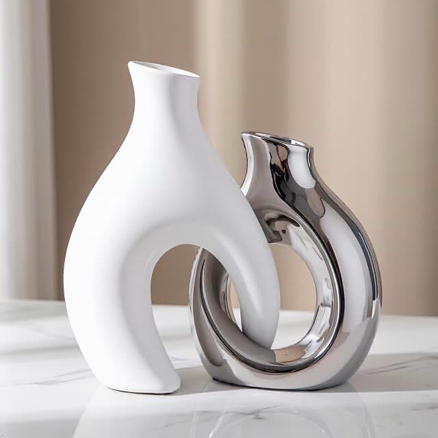 2 Pcs Modern Room Ceramic Decor - White and Silver