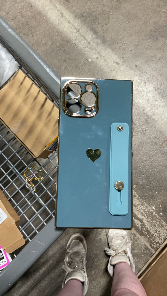 Blue iPhone 13 Pro Max Case with Gold Heart Design, hand stap and Matching Beaded Wrist Strap