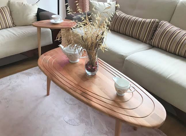 Essenza 55" Oval Oak Coffee Table with Sculptural Slab Base, Versatile Hand-Laid Veneer Center Table in Warm Neutral Oak to Pair with Any Sofa