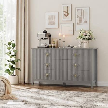 Grey Wooden Fluted 6 Drawer Dresser