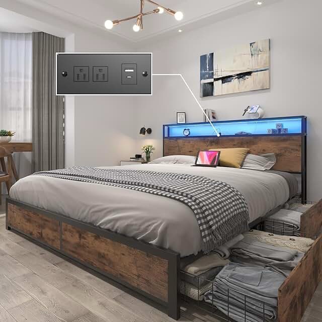 Metal Platform Bed Frame with Headboard and Storage