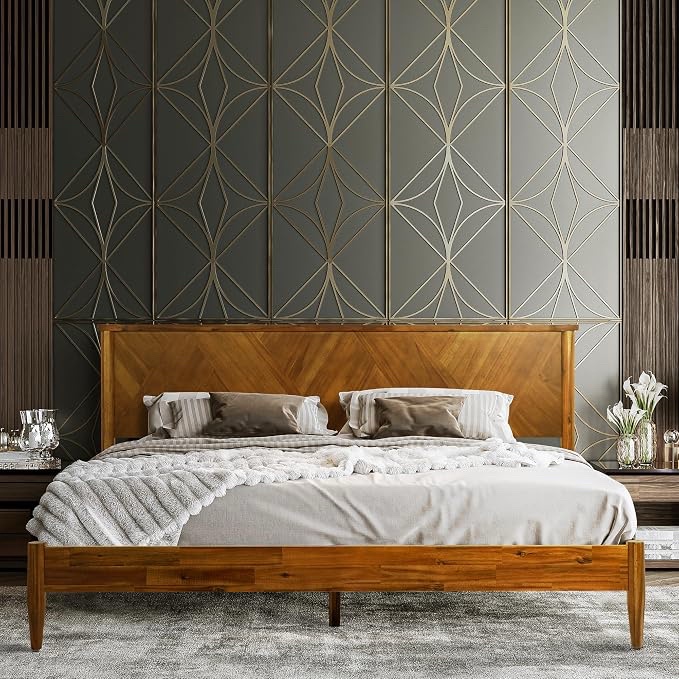 RORN Panthera Solid Wood Platform Bedframe with Headboard - Caramel