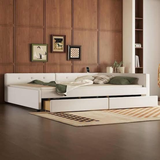 (Box 2/2)Platform Queen Bed with 2 Drawers and USB - Beige