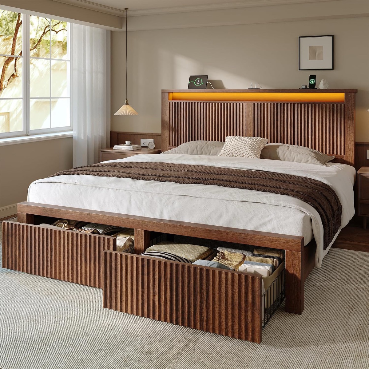 Box 2 of 2 Claus Solid Wood Platform Bed with USB Ports and Storage Space - Acorn
