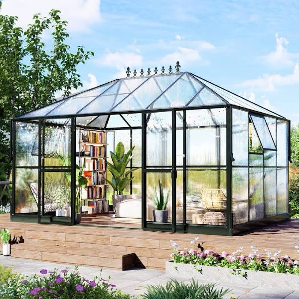 Outdoor Greenhouse with Sliding Doors and Gable Roof
