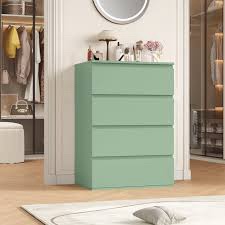47.2" H 4-Drawer Green Tall Dresser, Bedroom Chest of Drawers with Open Shelves & Genuine Leather Loop Pulls