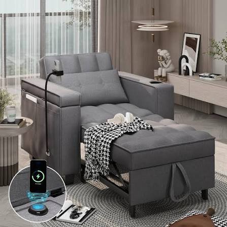Missing seat back Sleeper Sofa Chair Bed,3-In-1 Convertible Modern Linen Fabric Futon Sofa Bed Pull Out Couch Bed With Usb And Type C Charging Ports,Cup Holder And Foldable Wing Table For Living Room Apartment Small Space