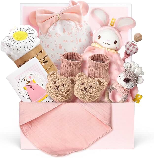 Newborn Baby Shower Gift Set with Muslin Swaddle and Plush Toy