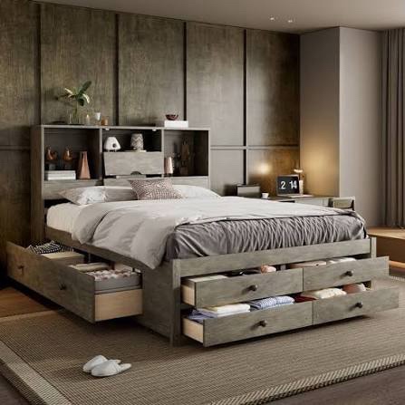 Incomplete Queen Size Platform Bed with Storage Headboard and 8 Drawers, Gray