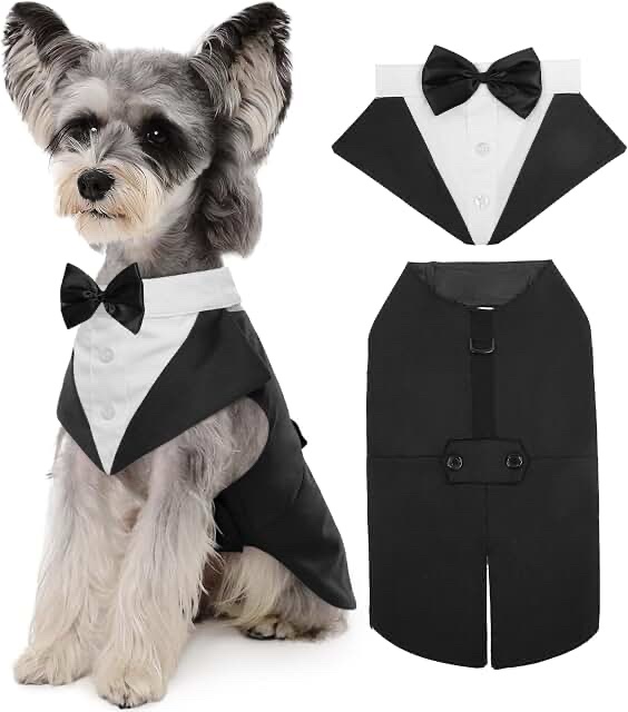 Kuoser Dog Tuxedo Costume - Formal Pet Outfit with Bowtie, Black, Size Large