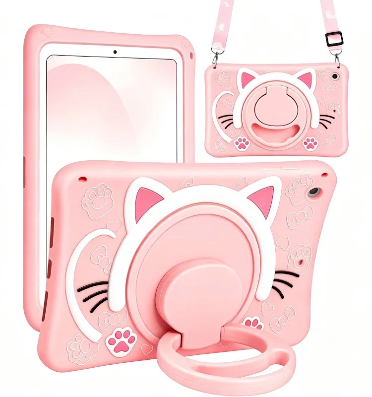 Kids Tablet Case with Strap and Rotating Kickstand - Pink Cat Design