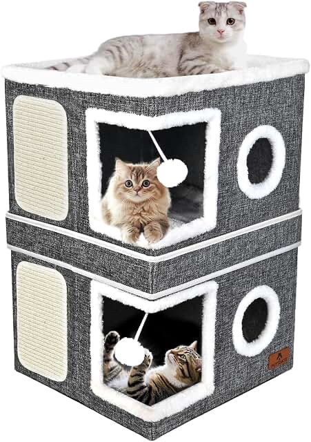 Stackable Pet Cat Condo Cube / Hideaway House - 2 Tier Grey Felt