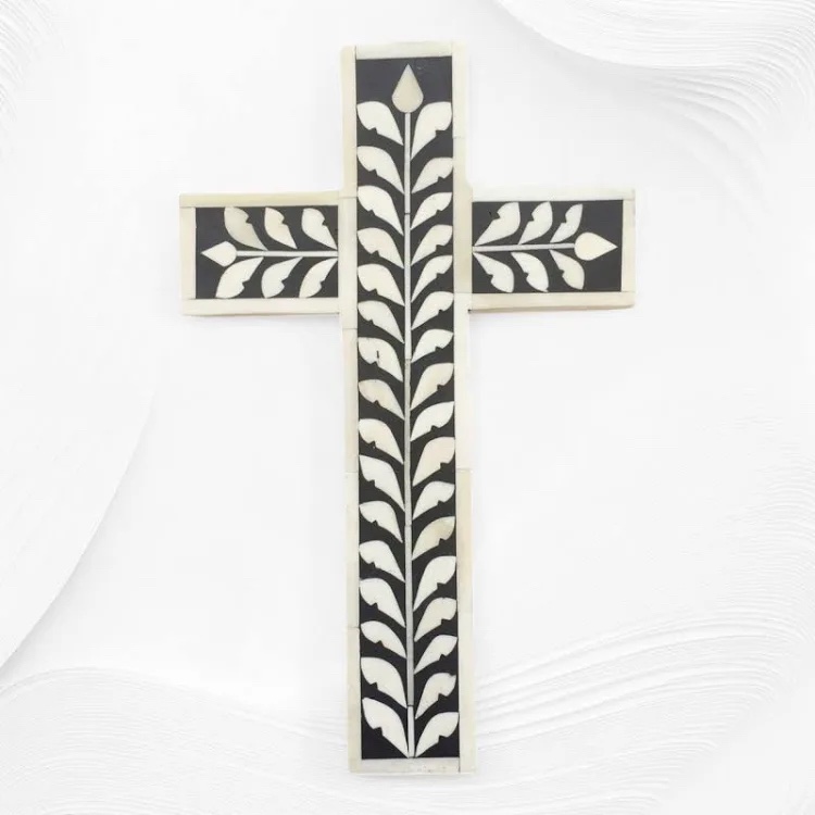 Decorative Wooden Cross with White Leaf Pattern Inlay