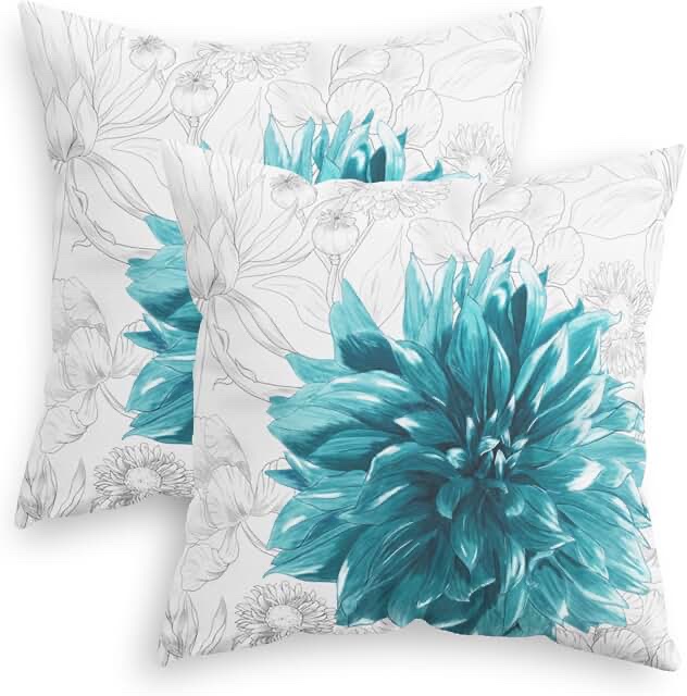 A Set of Decorative Throw Pillow Covers with Teal Dahlia Floral Pattern