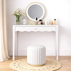 (Damage pictured)Compact 35.43 Inch Vanity Desk with Drawer – Stylish Makeup Table with Scalloped Front, Gold Knob, and Sturdy Legs for Small Spaces