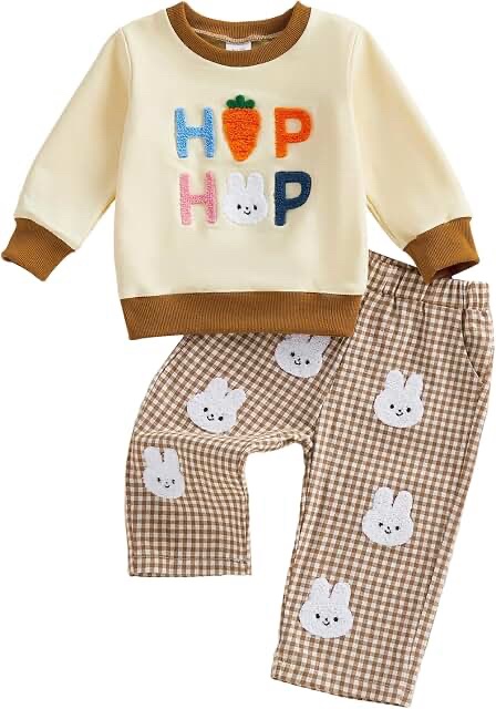 JLKGICF Baby Boy Easter Outfit Long Sleeve Carrot Rabbit Embroidery Sweatshirt Plaid Pants Set