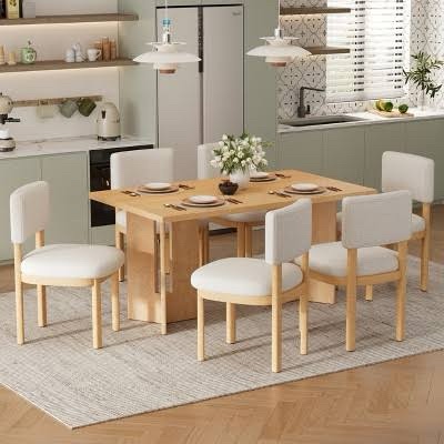 Box 1 7-Piece 60" Dining Table Set With 6 Upholstered Chairs, Farmhouse Solid Wood Dinner Table & Chairs Set For 6, For Dining Room, Kitchen, Restaurant