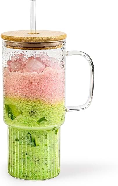 Set of 2 Glass Travel Tumbler with Lid and Straw, 20oz