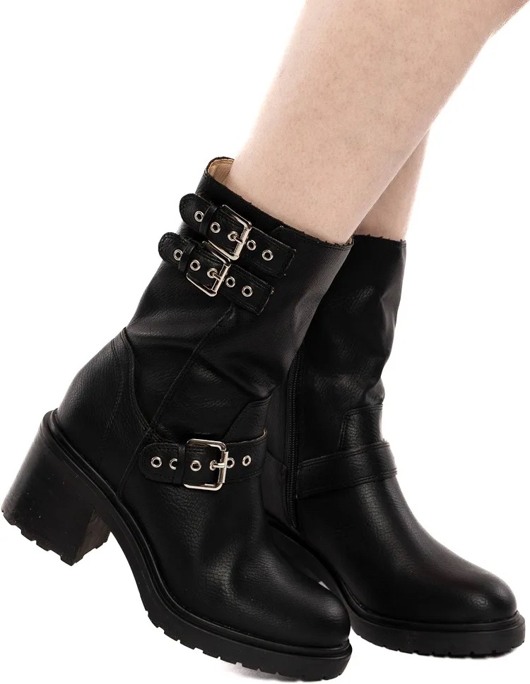 Women's Black Moto-Style Mid-Calf Boots with Double Buckle and Side Zipper