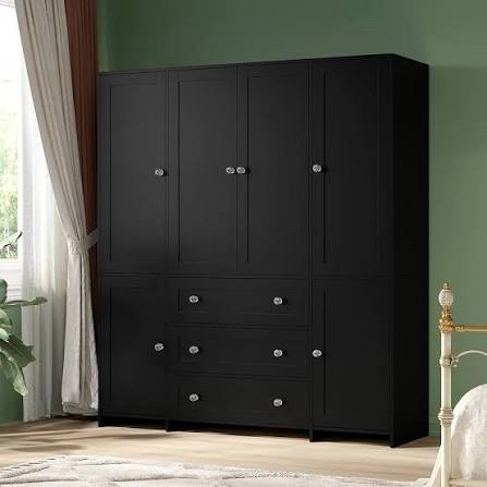 Box b Wardrobe Closet With Drawers And Mirror, Armoire With Hanging Rod For Bedroom Black B