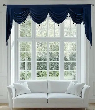 Phating Velvet Window Curtain Valance with beaded trim - Navy, 110 x 48 inches