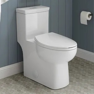 (Broken tank pictured)One-Piece Elongated Gloss White Toilet