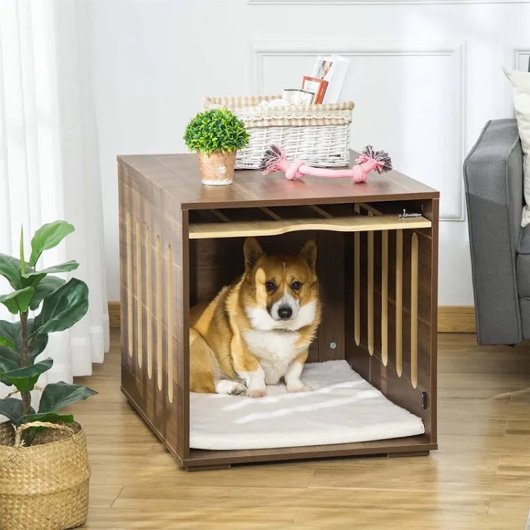 Monique Furniture Style Dog Crate End Table Decorative Puppy House With Soft Cushion, Side Holes, Removable Door Panel, Safety Lock, Indoor Use, For Small & Medium Dogs, Brown