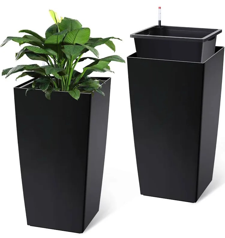 ONE ONLY- 30 inch Tall Elevated Metal Planter Boxes Rectangular Black Heavy Duty Iron Floor Planter Adjustable Separator Double Layer Inner Liner Outdoor Garden Plant Pot