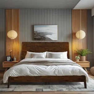 Aisen Walnut Queen Solid Wood Panel Headboard Bed Frame
