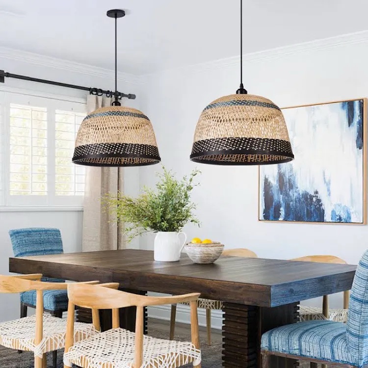 Woven Bamboo Pendant Light Shade - Black and Natural Pattern