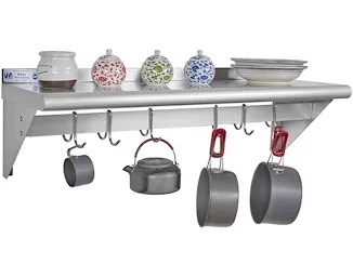 Hally Sinks & Tables Stainless Steel Wall Shelf with Hooks, 12" x 36"