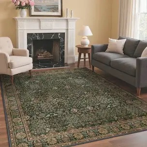 Traditional Persian-Style Distressed Floral Area Rug, Dark Green and Multi-Color