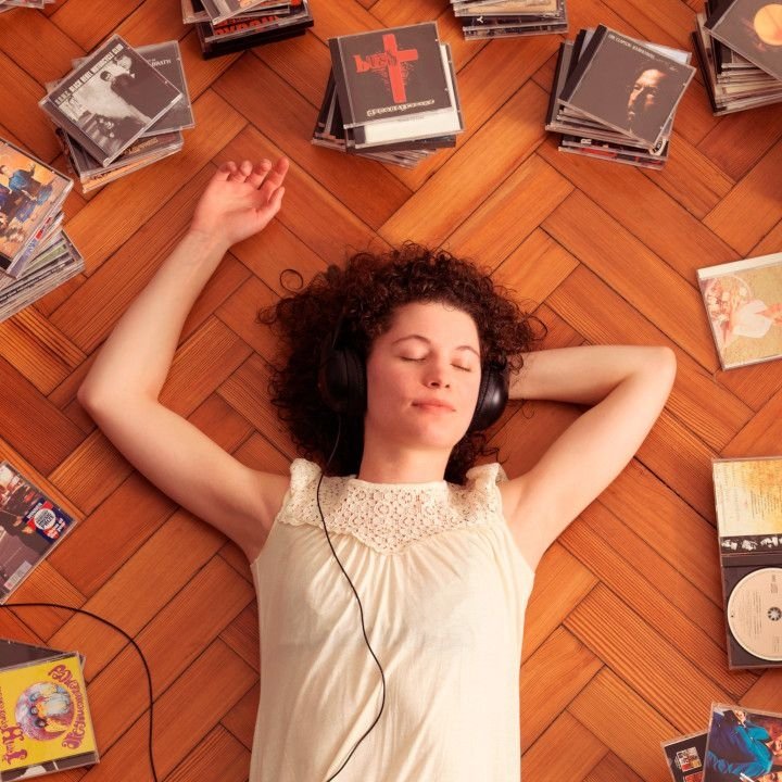 2pack Wall Art Print of Woman Lying on Floor Surrounded by CDs in Rustic Wood Frame