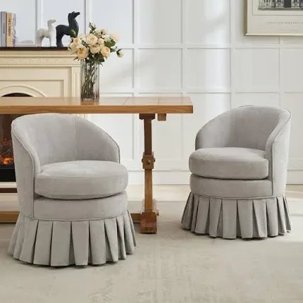 Set of 2 Mid-Century Skirted Swivel Dining Chair. Gray Linen Upholstered Round Accent Chair with Sturdy Wood Frame. 360° Rotatable Vanity Chair for Dining Room Bedroom Lounge