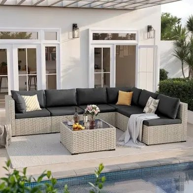 7-Piece Aluminum Patio Sectional Sofa Set - Modular Outdoor Conversation Seating with Coffee Table - Washable Thick Cushions - Plastic Wood Armrests/Tabletop - Light Gray Frame/Light Gray Cushions
