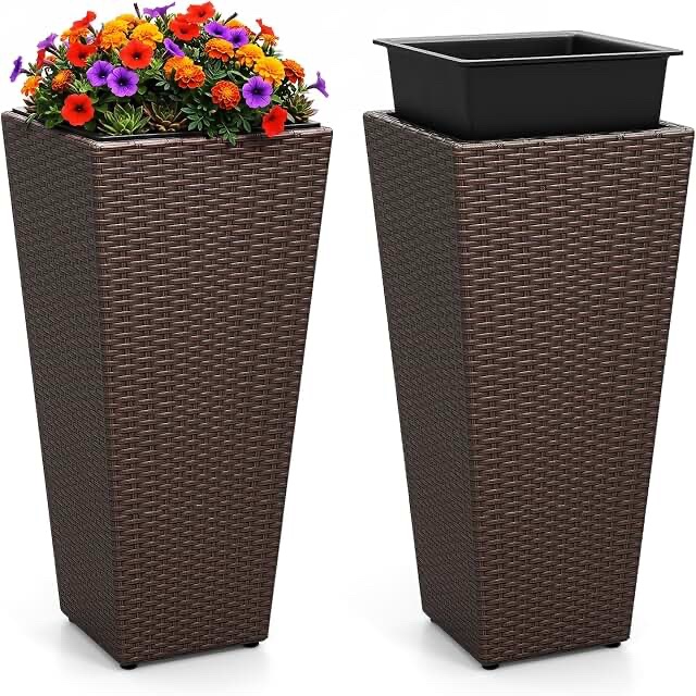 Slightly broken Wicker Style Tall Square Planter Pots - Brown