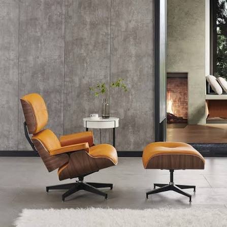 Mid Century Modern Lounge Chair with Ottoman, Leather Accent Chair, Solid Wood Frame, Heavy-Duty Aluminum Alloy Base, Reclining Reading Chair for Living Room, Office or Bedroom