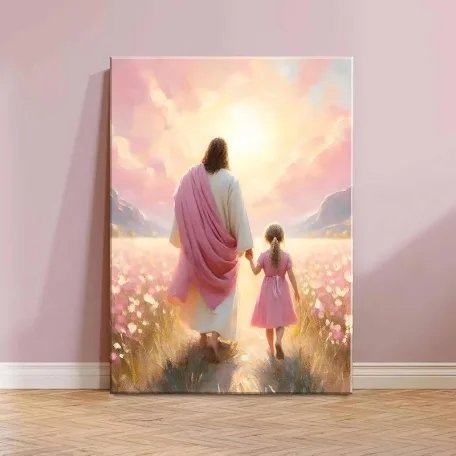 Jesus Walking with Girl Canvas Wall Art - 16x24in