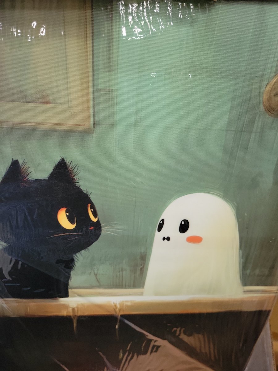 XKK Cute Black Cat and  Ghost Halloween Canvas Wall Art (16"x24")