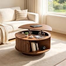 31.5" Round Lift Top Coffee Table With Sliding Tambour Door And Hidden Storage